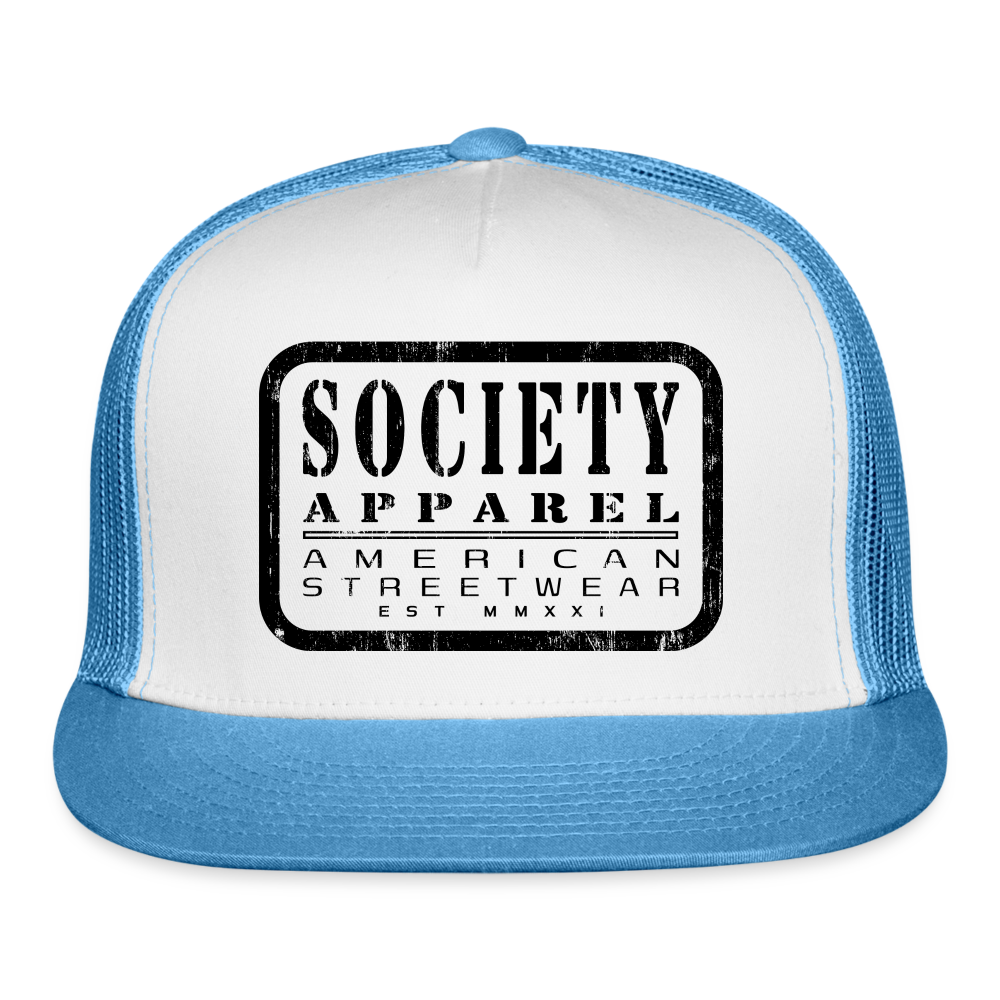 society essentials • black society patch trucker hat - white/blue