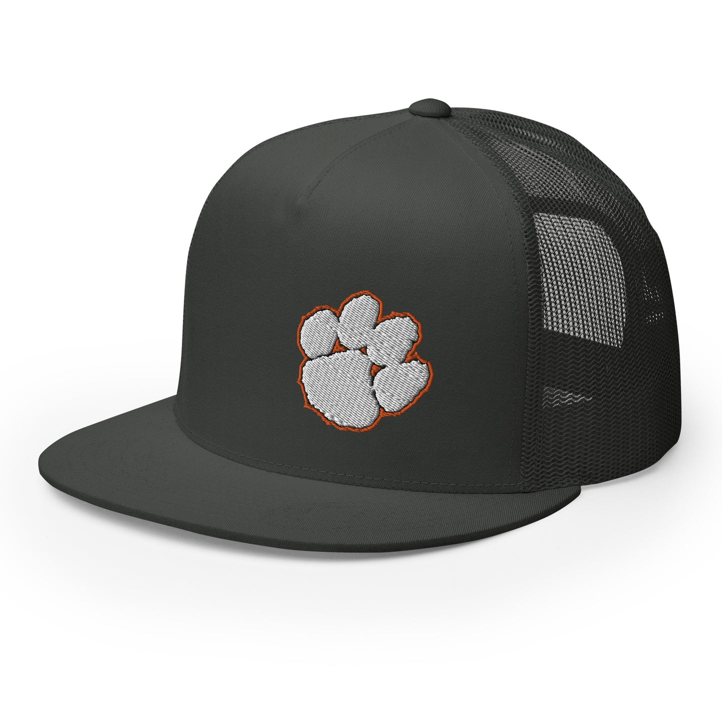 yupoong flatbill trucker hat (white paw - left)