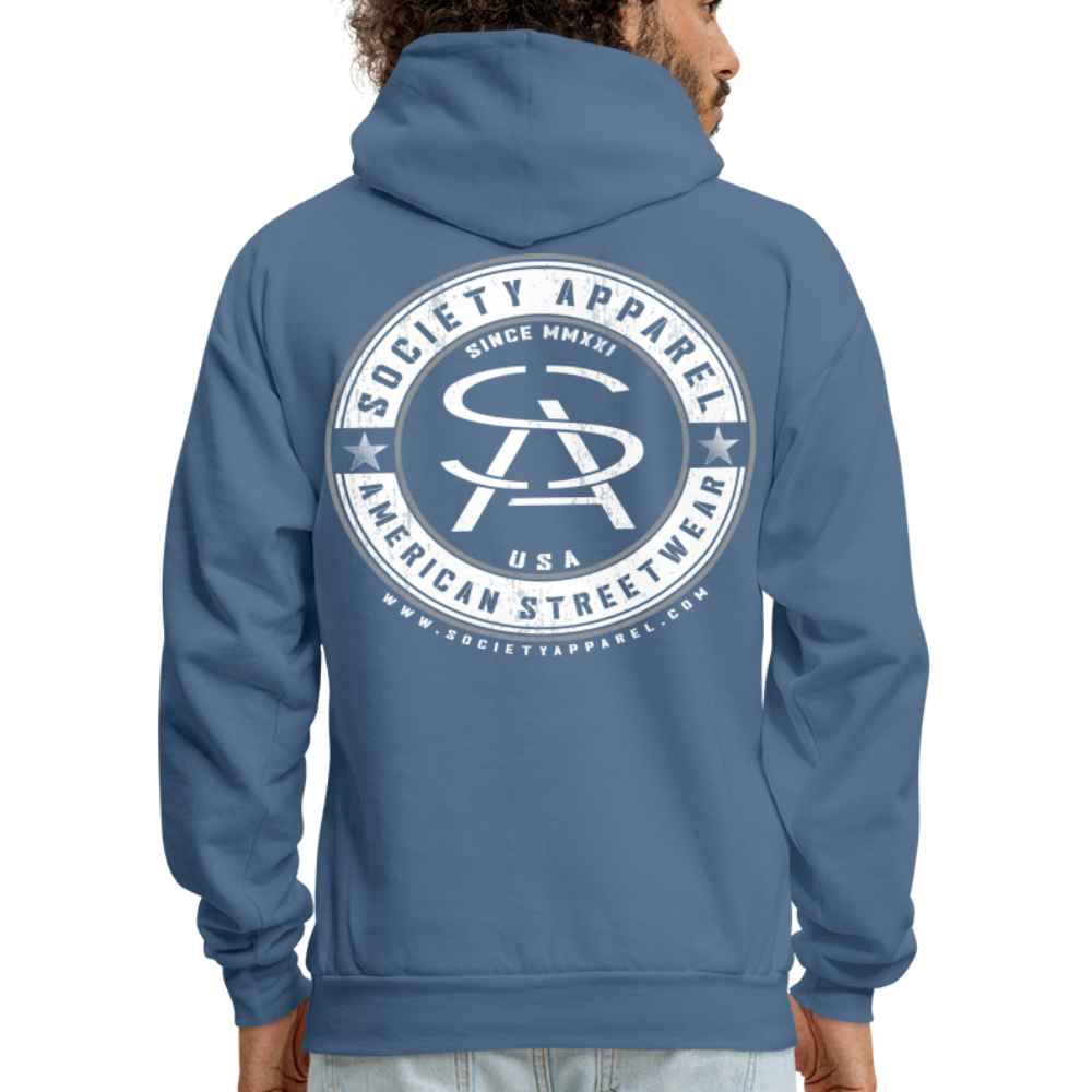 society essentials • sa badge hoodie (white) - denim blue