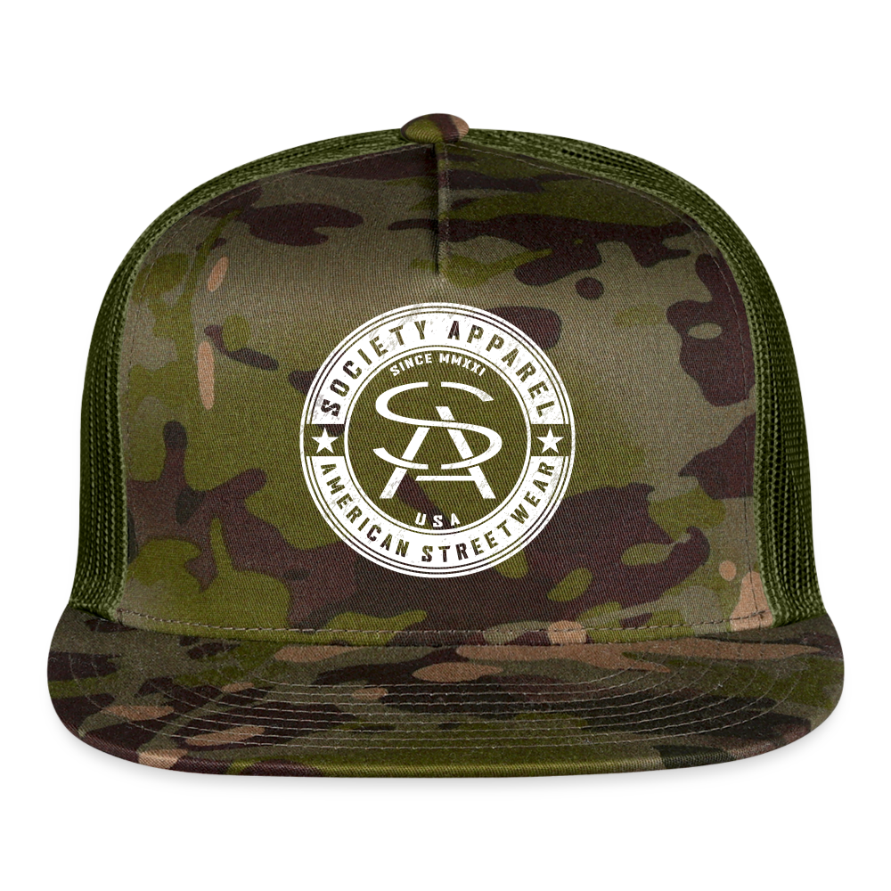 society essentials • sa badge trucker hat (white) - multicam\green