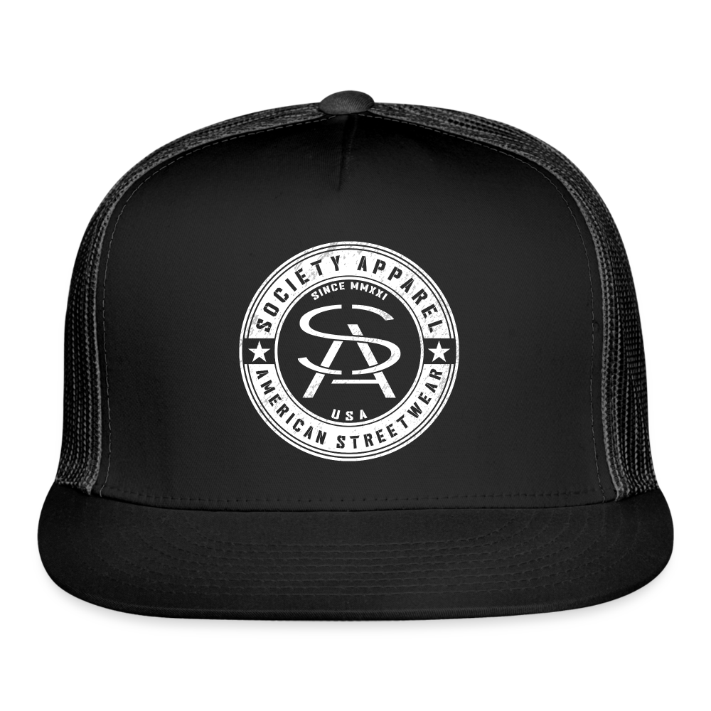 society essentials • sa badge trucker hat (white) - black/black