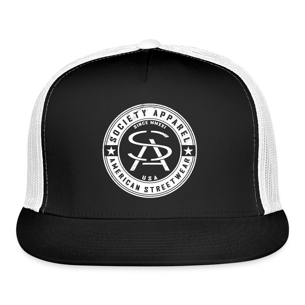 society essentials • sa badge trucker hat (white) - black/white
