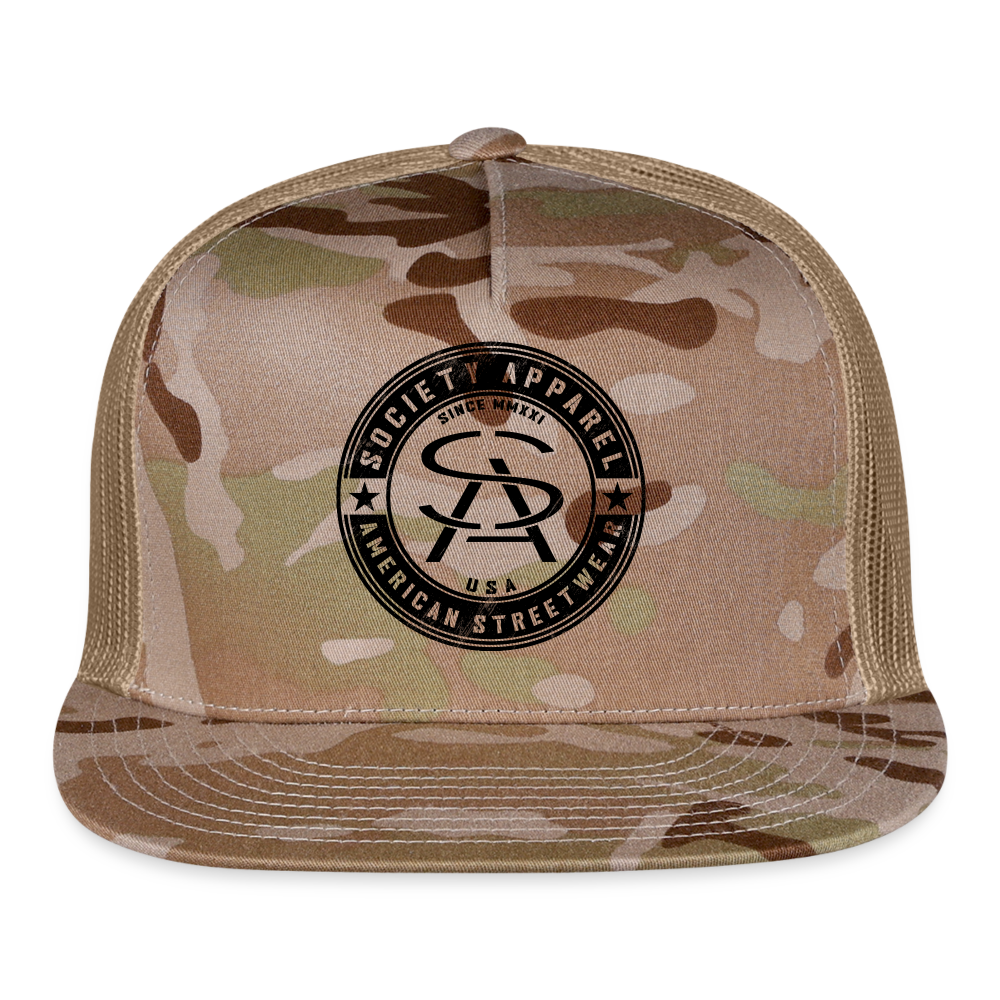 society essentials • sa badge trucker hat (black) - multicam\tan
