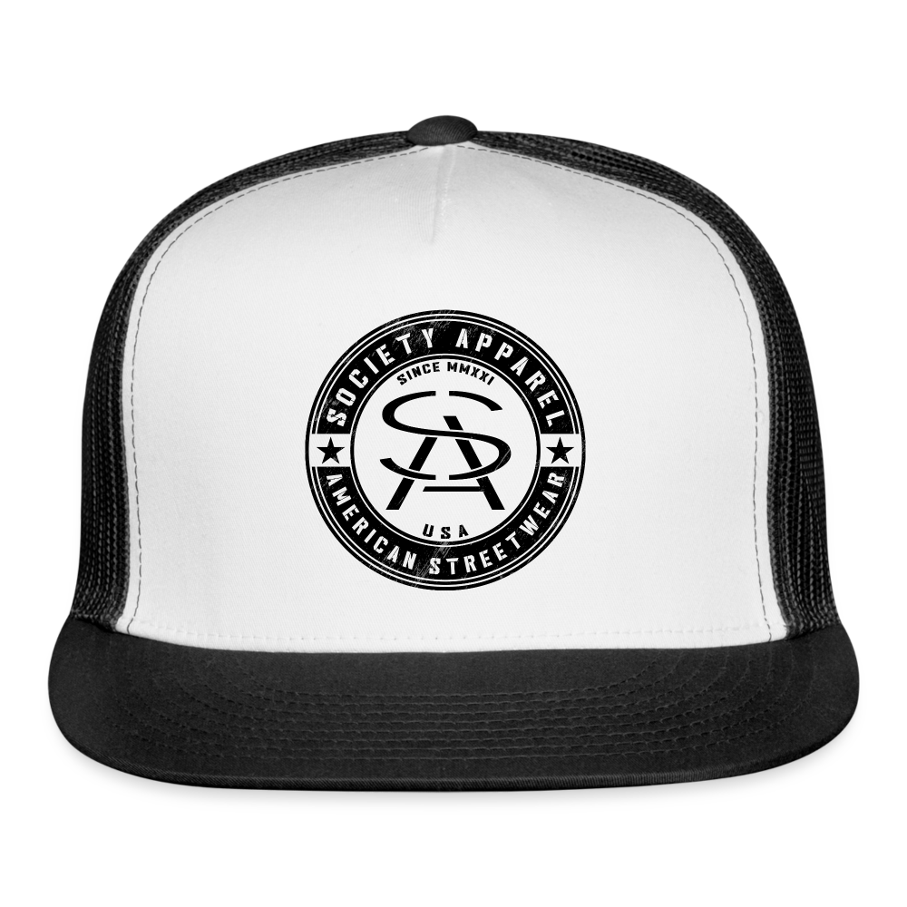 society essentials • sa badge trucker hat (black) - white/black