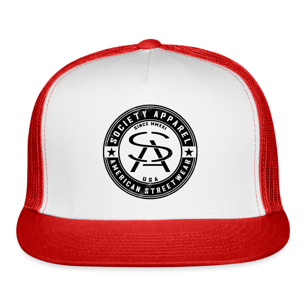 society essentials • sa badge trucker hat (black) - white/red