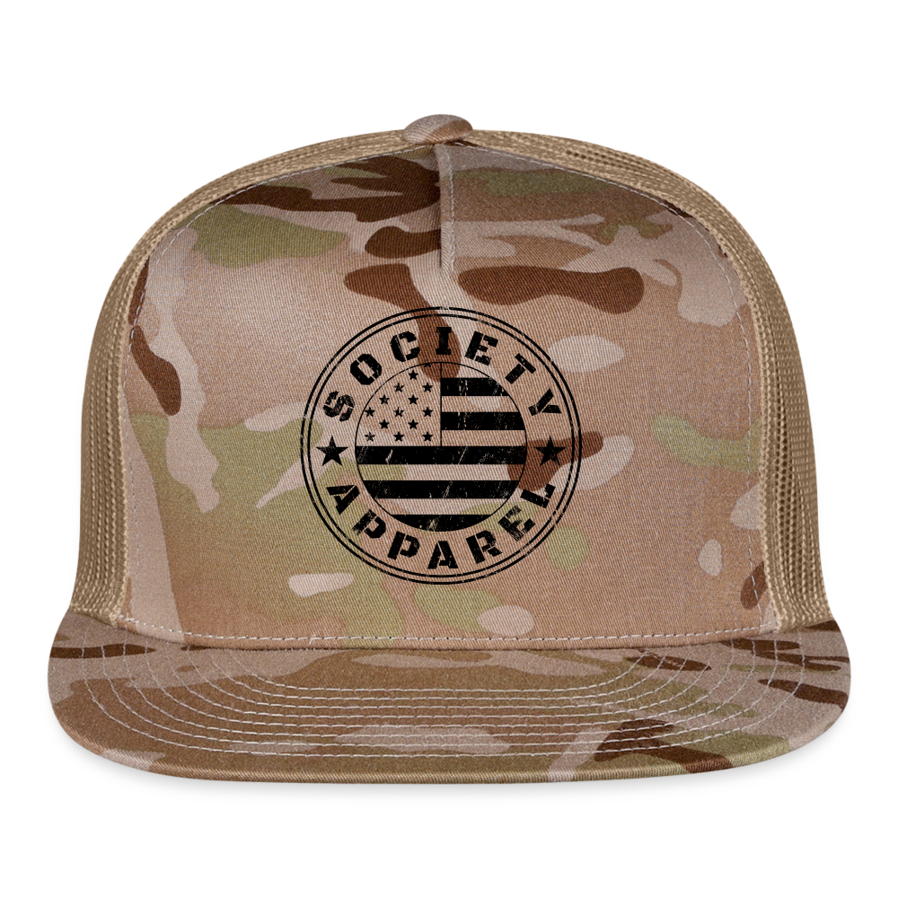 society essentials • sa flag trucker hat (black) - multicam\tan