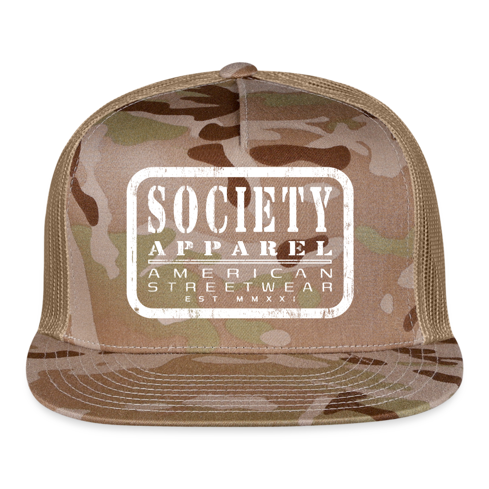 society essentials • white society patch trucker hat - multicam\tan