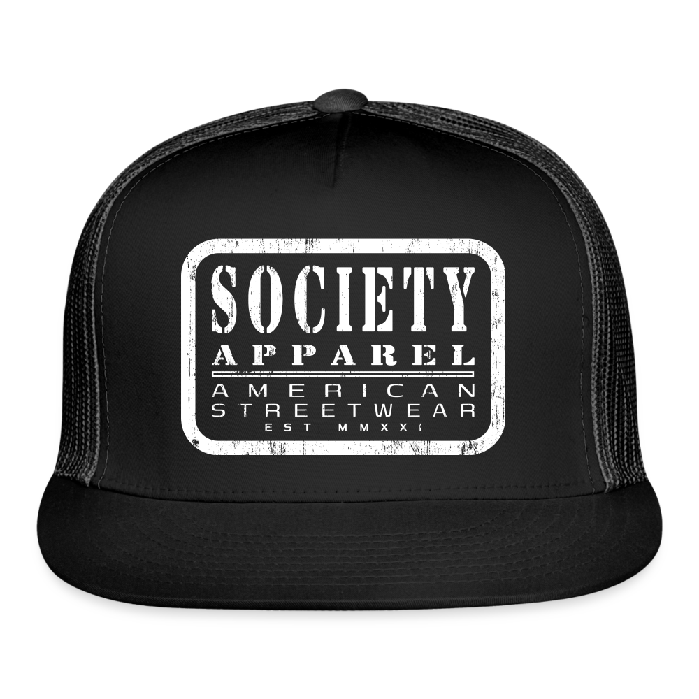 society essentials • white society patch trucker hat - black/black