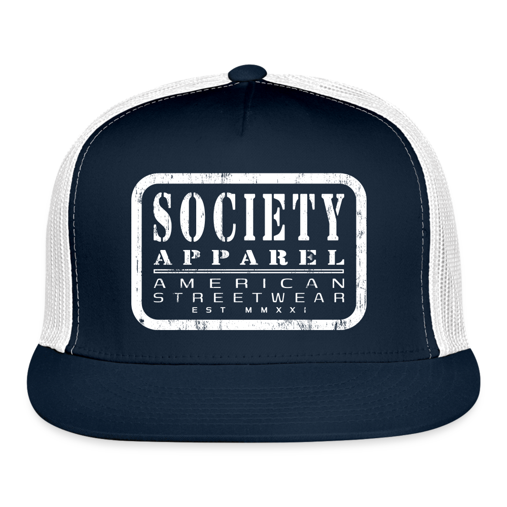 society essentials • white society patch trucker hat - navy/white