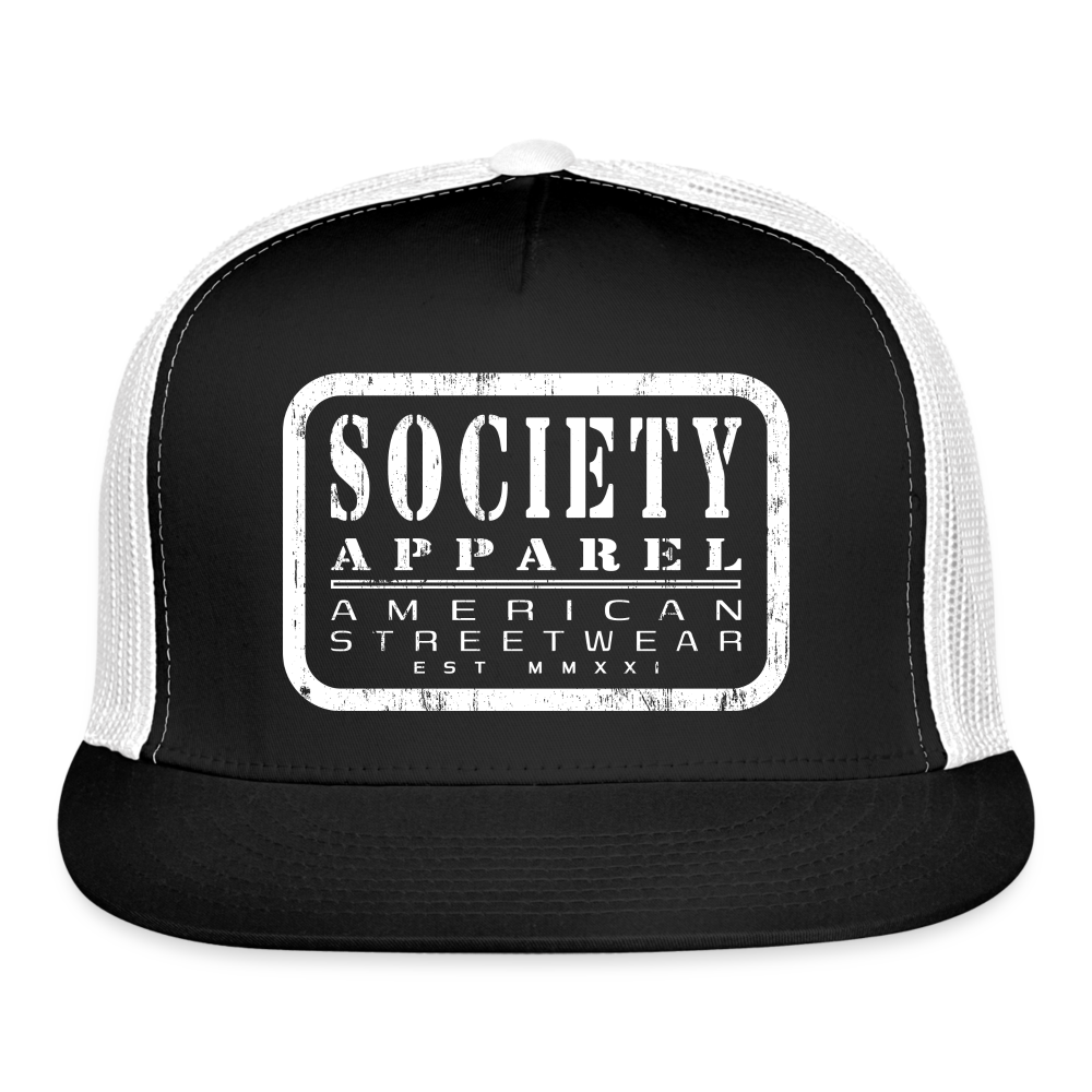 society essentials • white society patch trucker hat - black/white