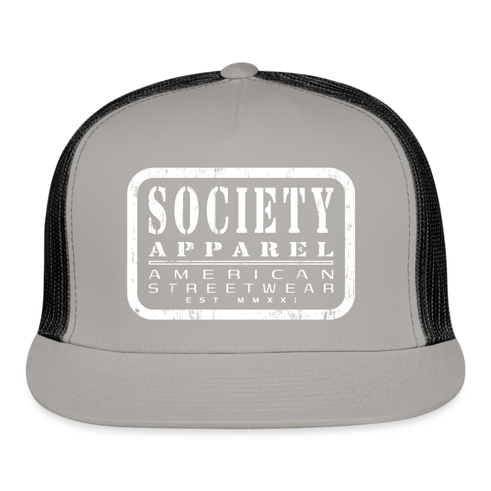 society essentials • white society patch trucker hat - gray/black
