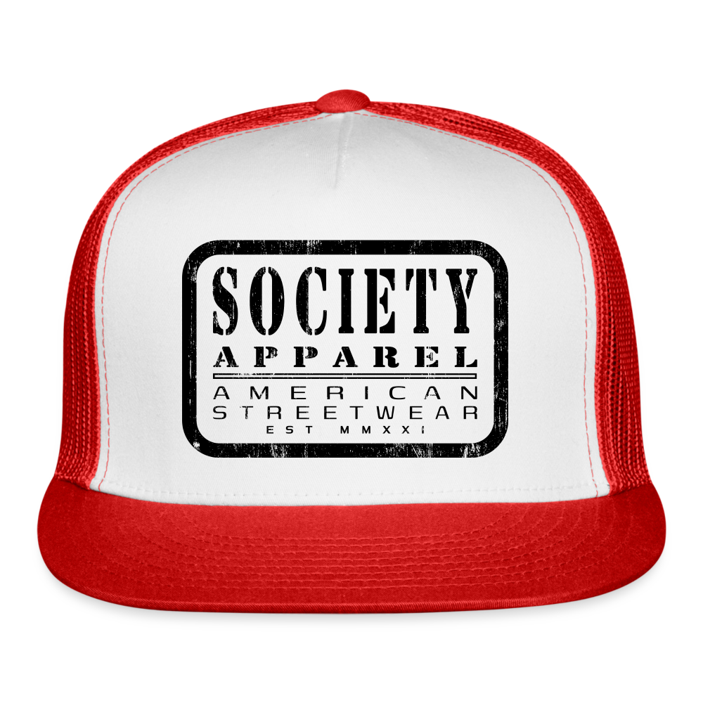 society essentials • black society patch trucker hat - white/red