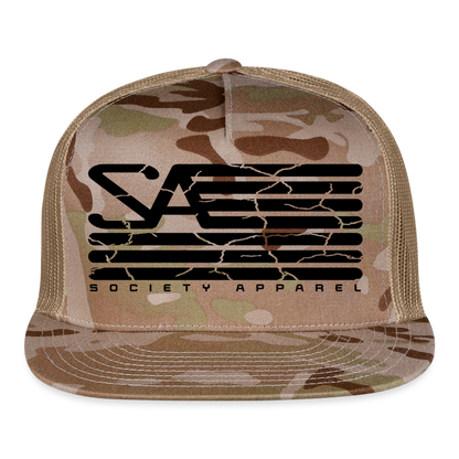 society essentials • black society flag trucker hat - multicam\tan